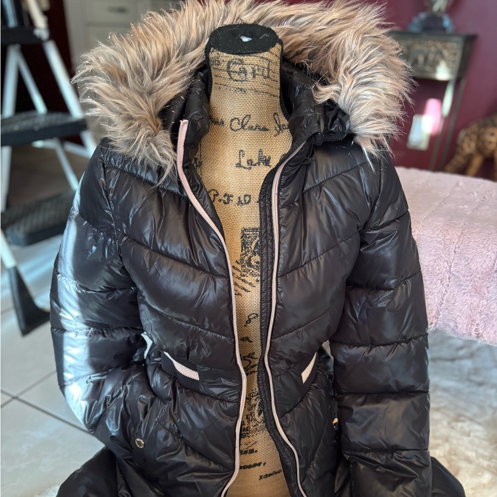 KORS Michael Kors Black Puffer Jacket with Faux Fur Trim